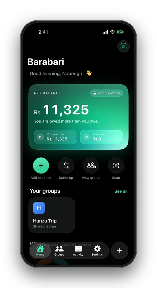 Barabari home screen showing a net balance of Rs 11,325