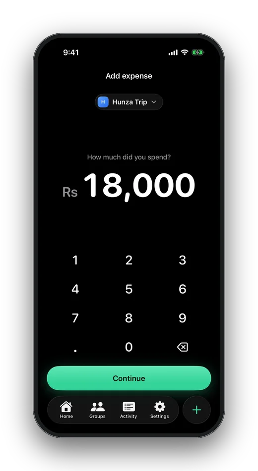 Adding an expense with Barabari's keypad