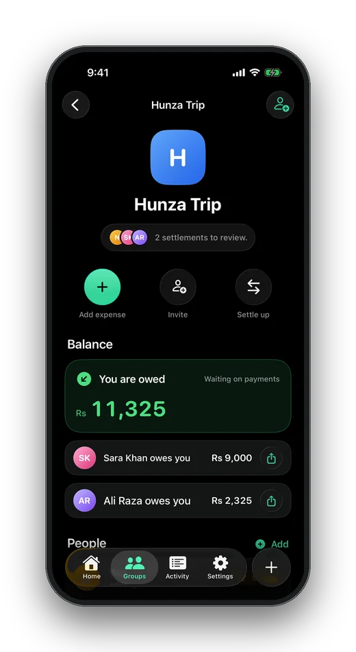 Barabari group page with balances and people