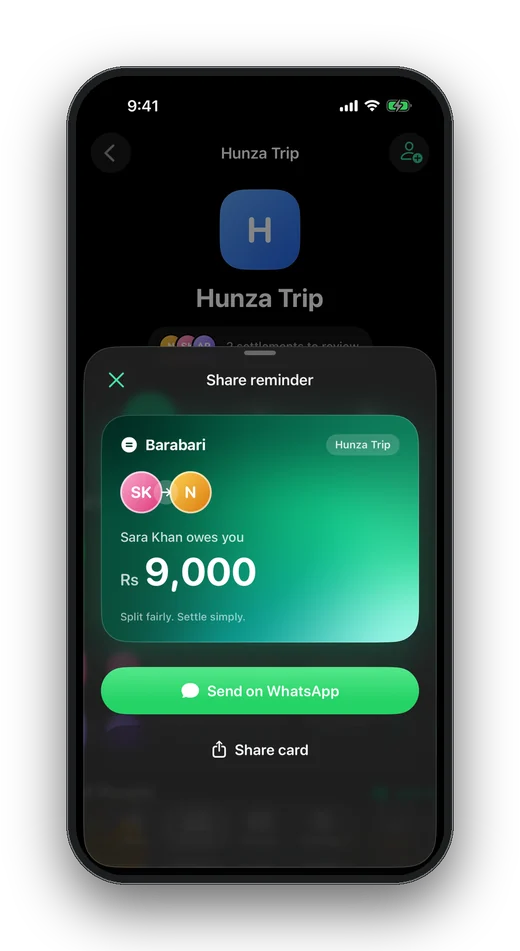 Share a balance reminder card on WhatsApp
