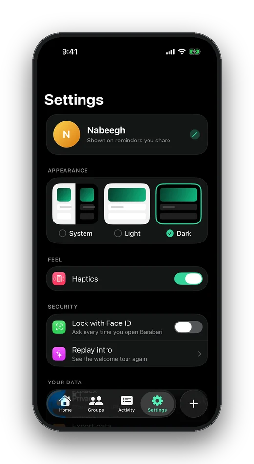 Settings with Face ID lock